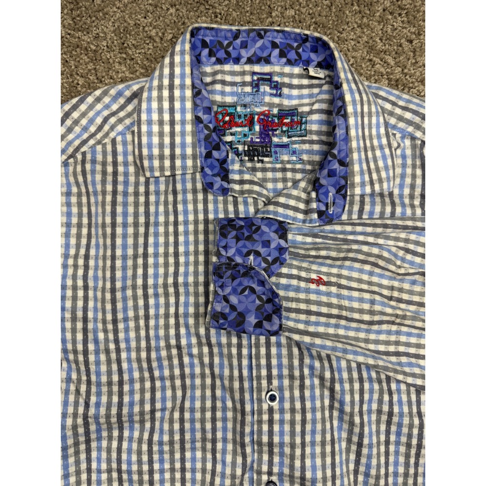 Robert Graham Mens Blue Grey Plaid Long Sleeve Button Down Flip Cuff Medium